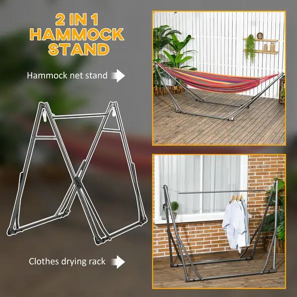 Outsunny Foldable Hammock Stand, Portable Hammock with Metal Frame, 2 in 1 Hammock Net Stand, Clothes Drying Rack, Load Capacity 120kg, for Patio, Garden, Yard, Black - 4