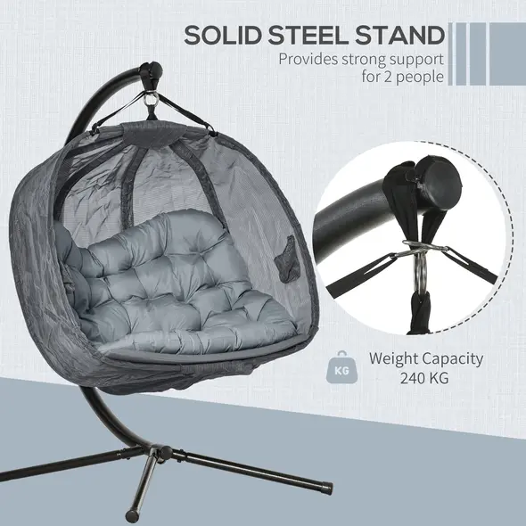 Outsunny Double Hanging Egg Chair 2 Seaters Texteline Swing Hammock Chair with Stand, Cushion and Folding Design, for Indoor and Outdoor, Grey - 7