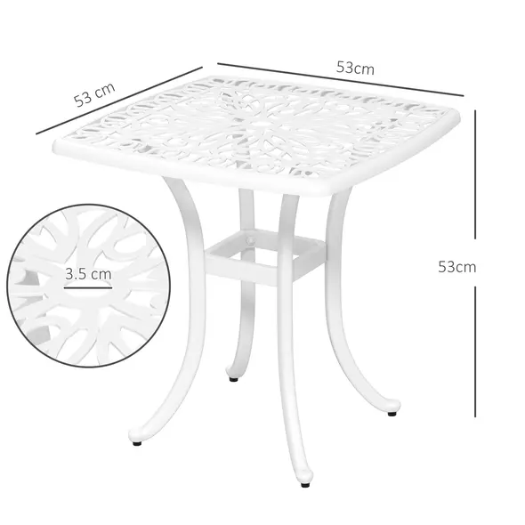 Outsunny Cast Aluminium Bistro Table, Outdoor Square Side Table with Umbrella Hole, Garden Table for Balcony, White - 3