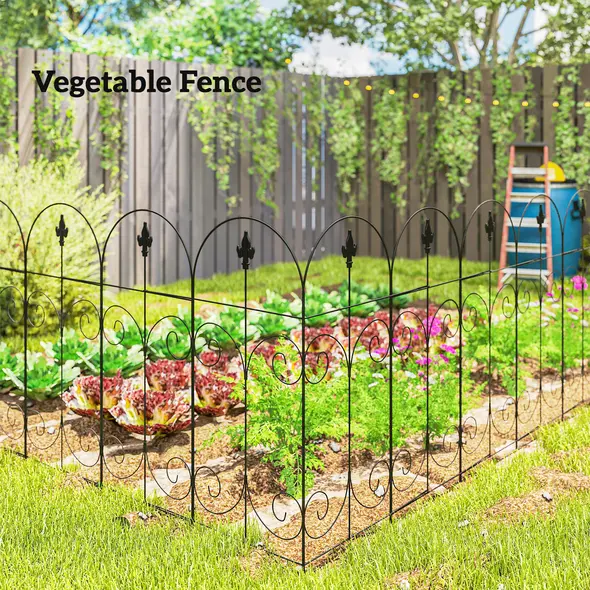 Outsunny Decorative Garden Fencing, 8PCs 44in x 12.5ft Outdoor Picket Fence Panels, Rustproof Metal Wire Landscape Flower Bed Border Edging, Black - 8