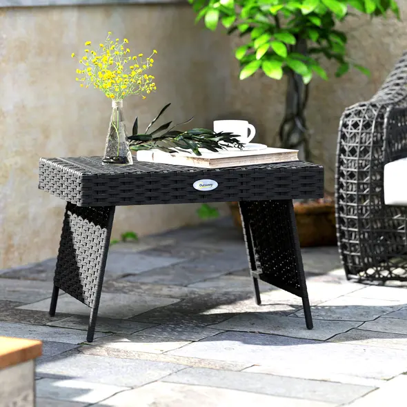 Outsunny Foldable Outdoor Side Table, Rattan Garden Coffee Table with Steel Frame, Space Saving Bistro Garden Furniture for Patio, Balcony, 60 x 41 x 41 cm, Black - 2