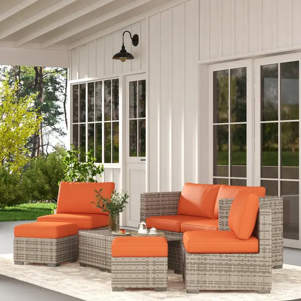 Outsunny Eight-Piece Rattan Garden Set, with Contrast Cushions - Orange/Grey - 2
