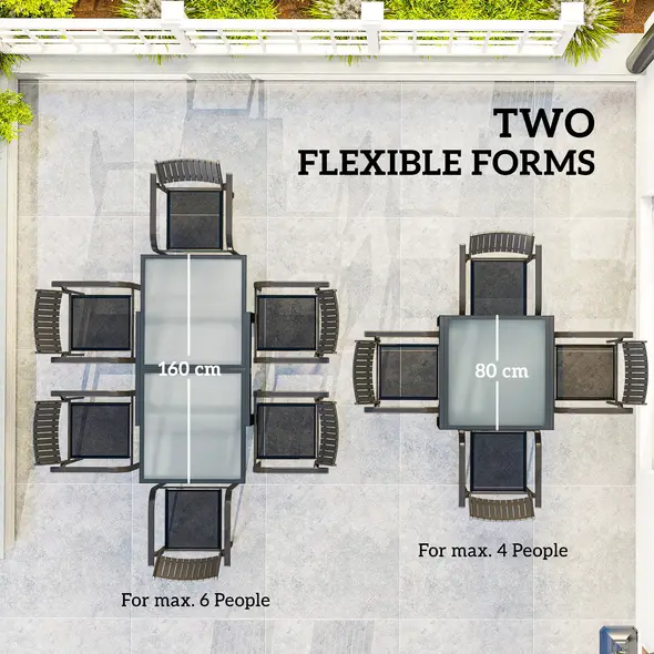 Outsunny Extending Garden Table, Outdoor Dining Table with Aluminium Frame and Tempered Glass Tabletop, 80/160 x 80 x 75 cm, Black and Clear - 4