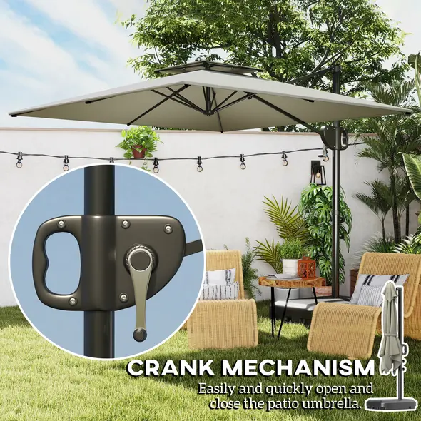 Outsunny Cantilever Parasol with Weighted Base Double Top Garden Parasol Square Hanging Patio Umbrella with Crank Tilt Light Grey - 7