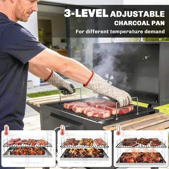 Outsunny Charcoal BBQ Grill with Height Adjustable Charcoal Pan, Barbecue Smoker with Warming Rack, 3 Shelves, Temperature Gauge, Wheels, Bottle Opener for Outdoor Cooking Garden Party - 5