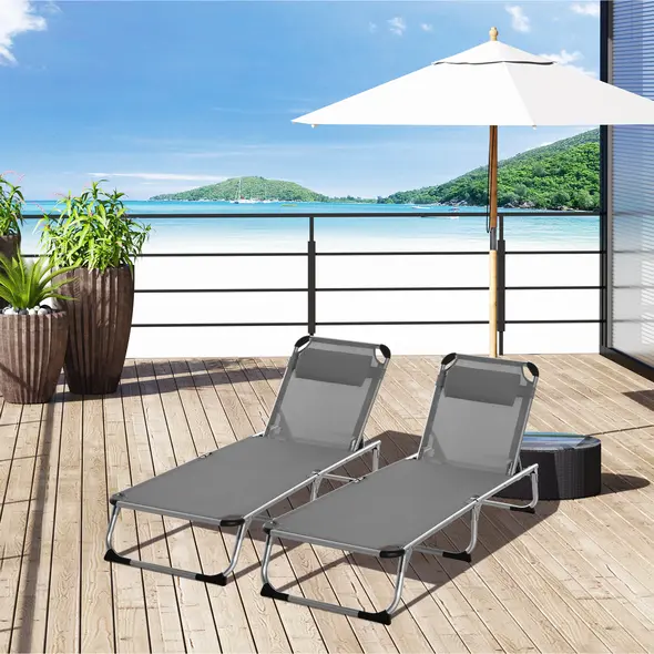 Outsunny Foldable Outdoor Sun Loungers Set of 2, Reclining Lounge Chair Camping Bed Cot with Pillow 4-Level Adjustable Back Aluminium Frame, Grey - 2