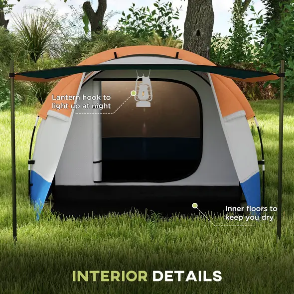 Outsunny Camping Tent, Large Tunnel Tent with Bedroom and Living Area, 2000mm Waterproof, Portable with Bag for 2-3 Man, Orange - 6