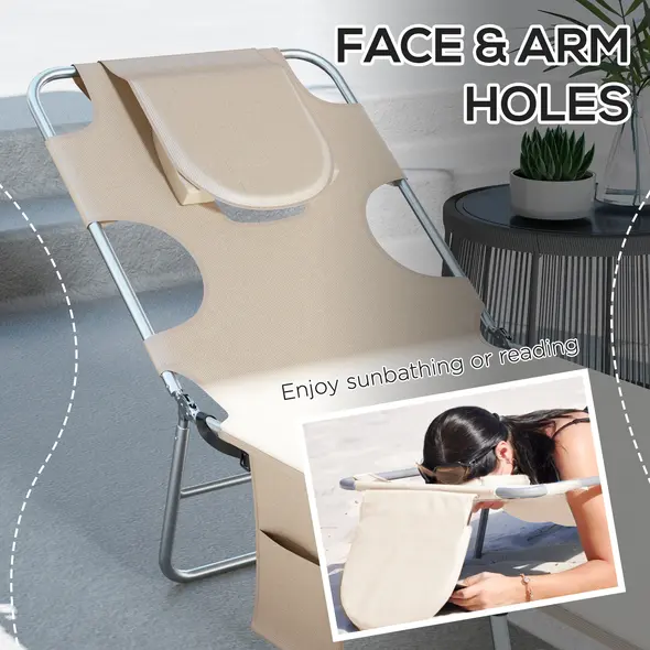 Outsunny Foldable Sun Lounger Set of 2, Beach Chaise Lounges with Reading Hole, Arm Slots, 5-Position Adjustable Backrest, Side Pocket, Pillow for Patio, Garden, Beach, Pool, Beige - 5