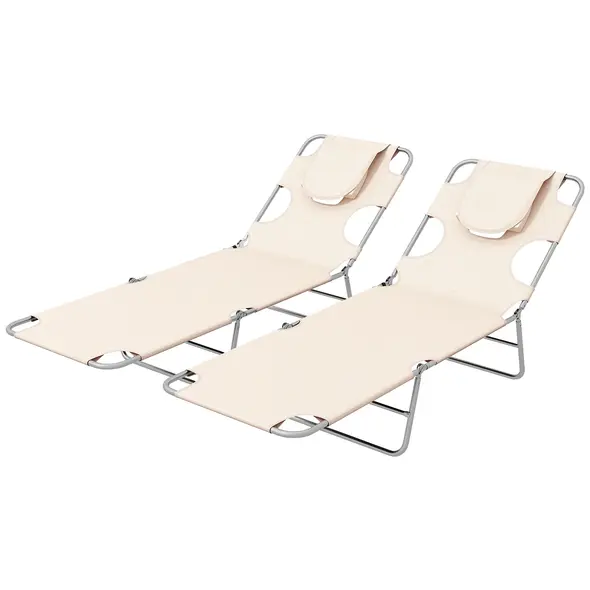Outsunny Foldable Sun Lounger Set of 2, Beach Chaise Lounges with Reading Hole, Arm Slots, 5-Position Adjustable Backrest, Side Pocket, Pillow for Patio, Garden, Beach, Pool, Beige - 1