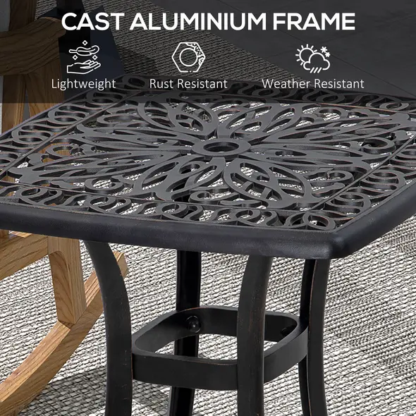 Outsunny Cast Aluminium Bistro Table, Outdoor Square Side Table with Umbrella Hole, Garden Table for Balcony, Bronze Tone - 5
