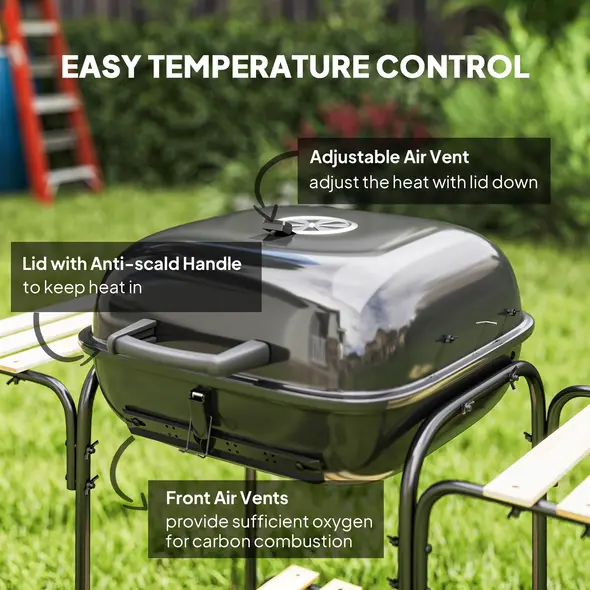 Outsunny Charcoal Barbecue Grill Portable BBQ Grill with 1840 cm² Cooking Area, 3 Shelves, Adjustable Vent, Lockable Lid, Wheels for Outdoor Cooking, Garden Party, Black - 5