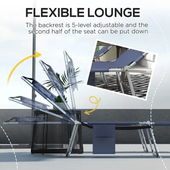 Outsunny Foldable Sun Lounger Set of 2 with Reading Hole, Portable Sun Lounger with 5 Level Adjustable Backrest, Reclining Lounge Chair with Side Pocket, Headrest Pillow, Grey - 4