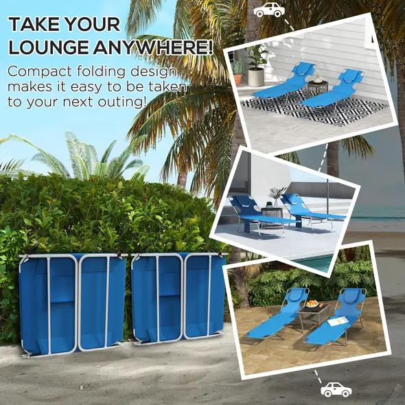 Outsunny Foldable Sun Lounger Set of 2 with Reading Hole, Portable Sun Lounger with 5 Level Adjustable Backrest, Reclining Lounge Chair with Side Pocket, Headrest Pillow, Blue - 6