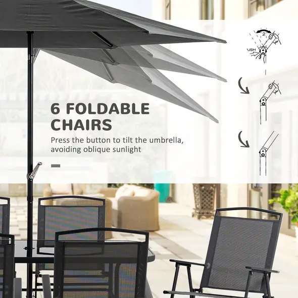 Outsunny Eight-Piece Garden Dining Set, with Chairs, Table and Parasol - Black - 6