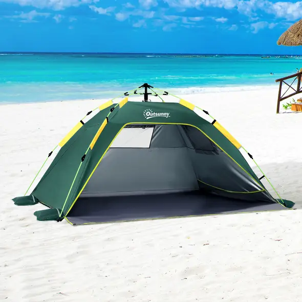 Outsunny Beach Tent for 1-2 Person Pop-up Design with 2 Mesh Windows & 2 Doors Dark Green - 2