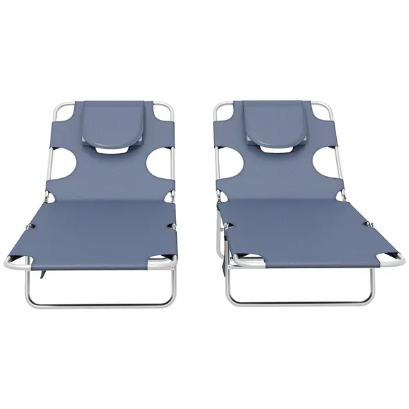 Outsunny Foldable Sun Lounger Set of 2 with Reading Hole, Portable Sun Lounger with 5 Level Adjustable Backrest, Reclining Lounge Chair with Side Pocket, Headrest Pillow, Grey - 8