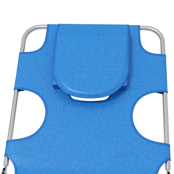 Outsunny Foldable Sun Lounger Set of 2 with Reading Hole, Portable Sun Lounger with 5 Level Adjustable Backrest, Reclining Lounge Chair with Side Pocket, Headrest Pillow, Blue - 9