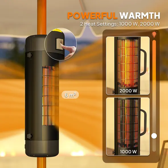 Outsunny Electric Umbrella Parasol Mounted Patio Heater for 25-70 mm Poles, 2000 W Outdoor Garden Heater with 2 Heat Setting, 6 ㎡ Coverage, Tip-Over Protection, Black - 5