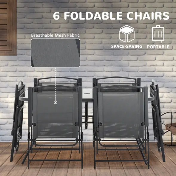 Outsunny Eight-Piece Garden Dining Set, with Chairs, Table and Parasol - Black - 5