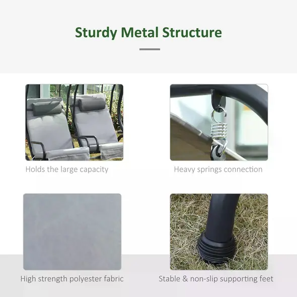 Outsunny Canopy Swing 2 Separate Relax Chairs w/ Handrails and Removable Canopy Grey - 7