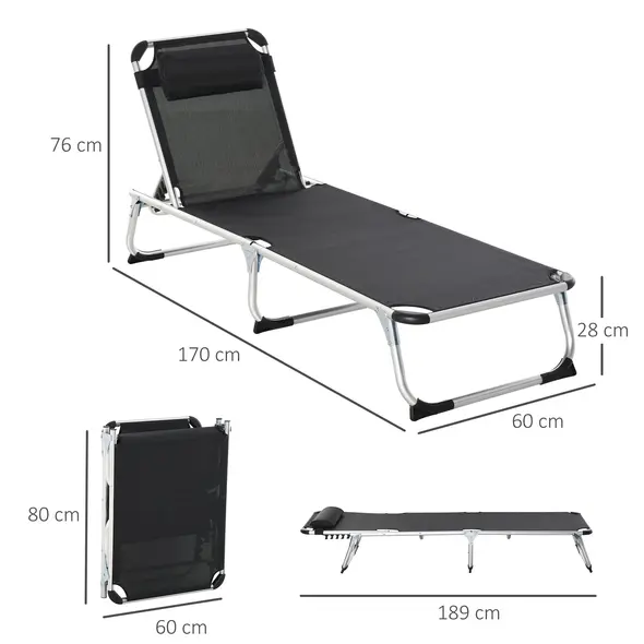 Outsunny Foldable Outdoor Sun Loungers Set of 2, Reclining Lounge Chair Camping Bed Cot with Pillow 4-Level Adjustable Back Aluminium Frame, Black - 3
