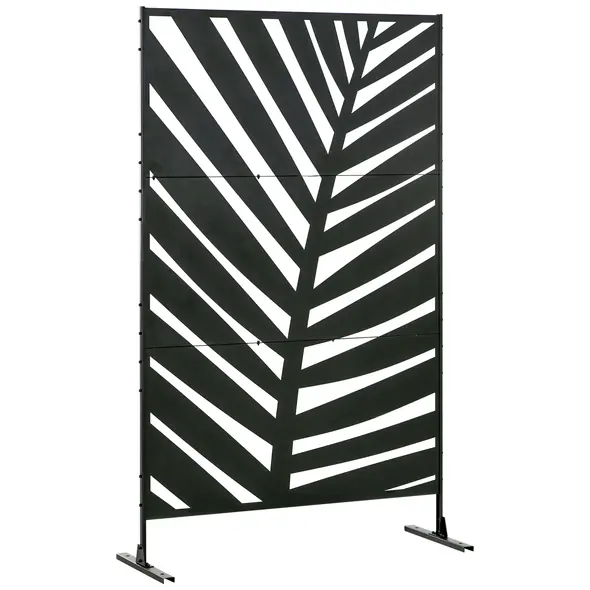 Outsunny Decorative Privacy Screen with Stand, 6.5FT Freestanding Metal Outdoor Divider, Decorative Privacy Panel with Expansion Screws for Garden Patio Pool Hot Tub, Banana Leaf Style, Black - 1