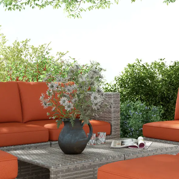 Outsunny Eight-Piece Rattan Garden Set, with Contrast Cushions - Orange/Grey - 8