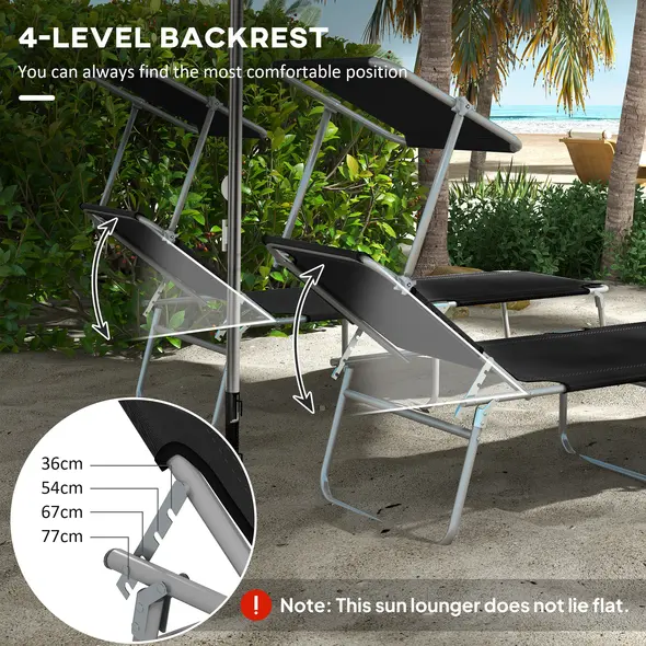 Outsunny Foldable Sun Lounger Set of 2 with Sun Shade & Adjustable Backrest - Black - 4
