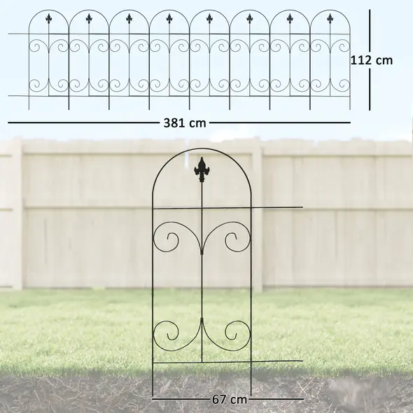 Outsunny Decorative Garden Fencing, 8PCs 44in x 12.5ft Outdoor Picket Fence Panels, Rustproof Metal Wire Landscape Flower Bed Border Edging, Black - 3