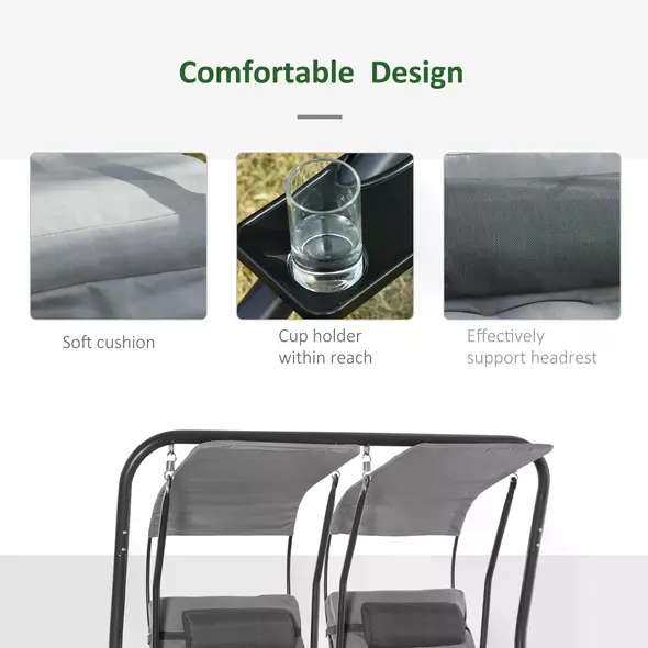 Outsunny Canopy Swing 2 Separate Relax Chairs w/ Handrails and Removable Canopy Grey - 6