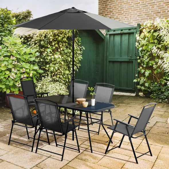 Outsunny Eight-Piece Garden Dining Set, with Chairs, Table and Parasol - Black - 2