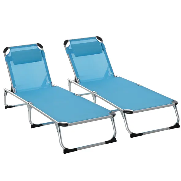 Outsunny Foldable Outdoor Sun Loungers Set of 2, Reclining Lounge Chair Camping Bed Cot with Pillow 4-Level Adjustable Back Aluminium Frame, Blue - 1