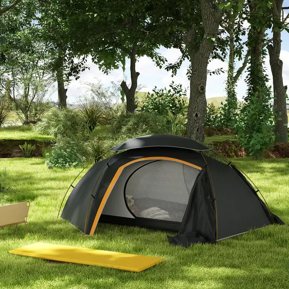 Outsunny Camping Tent with Self Inflatable Mattress, 1 Person Dome Tent with Removable Rainfly and Aluminium Frame, 2000mm Waterproof, Portable with Bags, for Fishing Hiking, Dark Grey/Khaki - 2