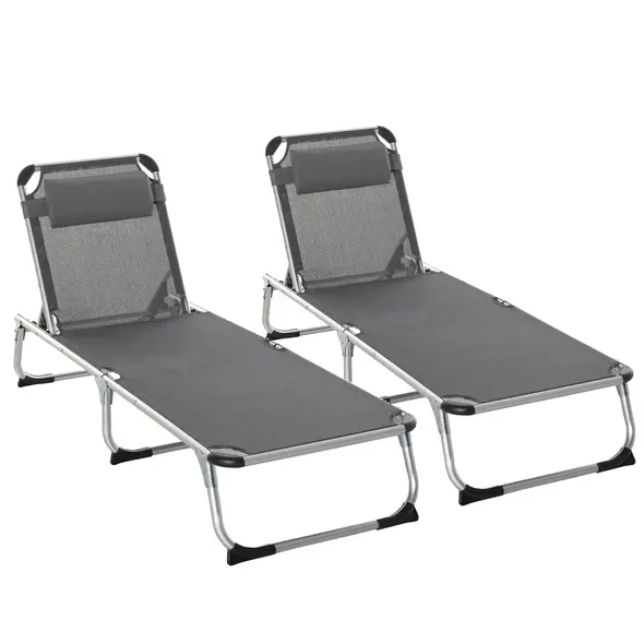 Outsunny Foldable Outdoor Sun Loungers Set of 2, Reclining Lounge Chair Camping Bed Cot with Pillow 4-Level Adjustable Back Aluminium Frame, Grey - 1