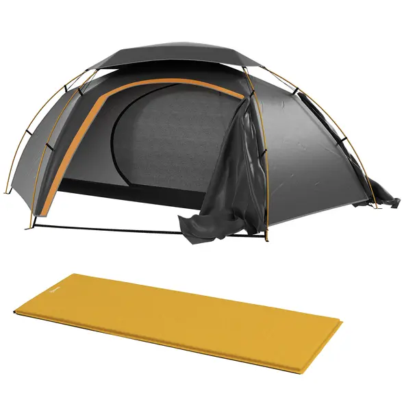 Outsunny Camping Tent with Self Inflatable Mattress, 1 Person Dome Tent with Removable Rainfly and Aluminium Frame, 2000mm Waterproof, Portable with Bags, for Fishing Hiking, Dark Grey/Khaki - 1