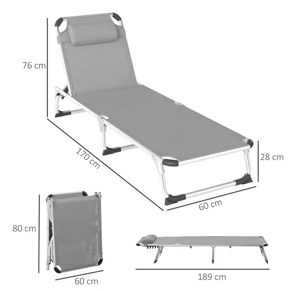 Outsunny Foldable Outdoor Sun Lounger Set of 2, Reclining Lounge Chair Camping Bed Cot with Pillow 4-Level Adjustable Back Aluminium Frame, Light Grey - 3