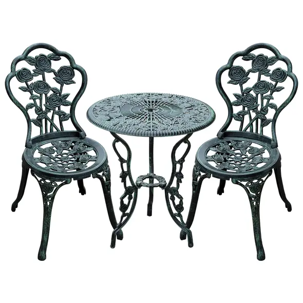 Outsunny Cast Aluminium Outdoor Patio Garden Bistro Elegant Design Table Chair Set - Green (3-Piece) - 1