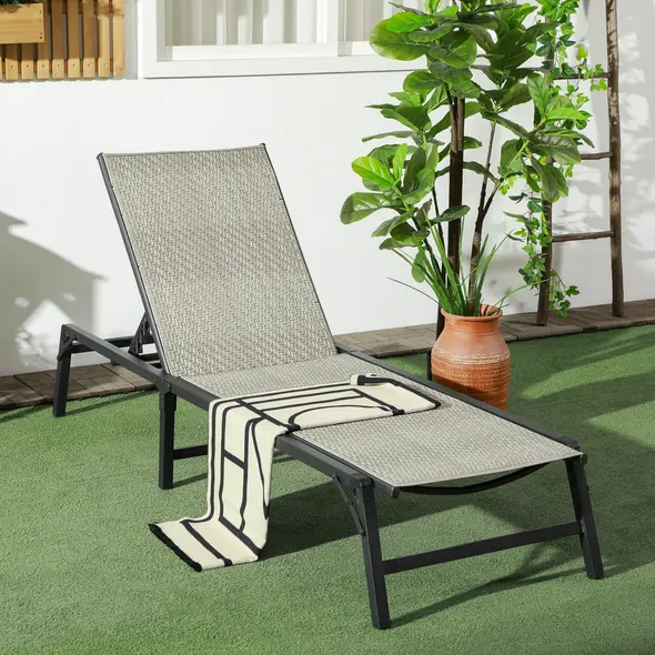 Outsunny Foldable Rattan Sun Lounger with 5-Level Adjust Backrest, Recliner Chair, Mixed Grey - 2