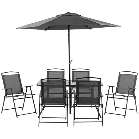 Outsunny Eight-Piece Garden Dining Set, with Chairs, Table and Parasol - Black - 1