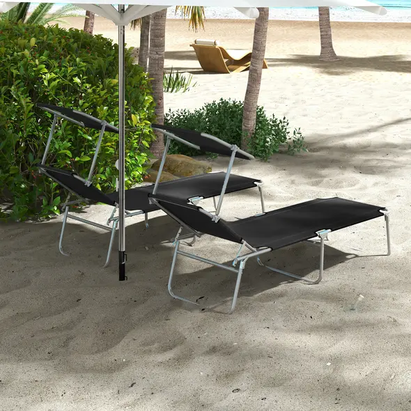 Outsunny Foldable Sun Lounger Set of 2 with Sun Shade & Adjustable Backrest - Black - 9