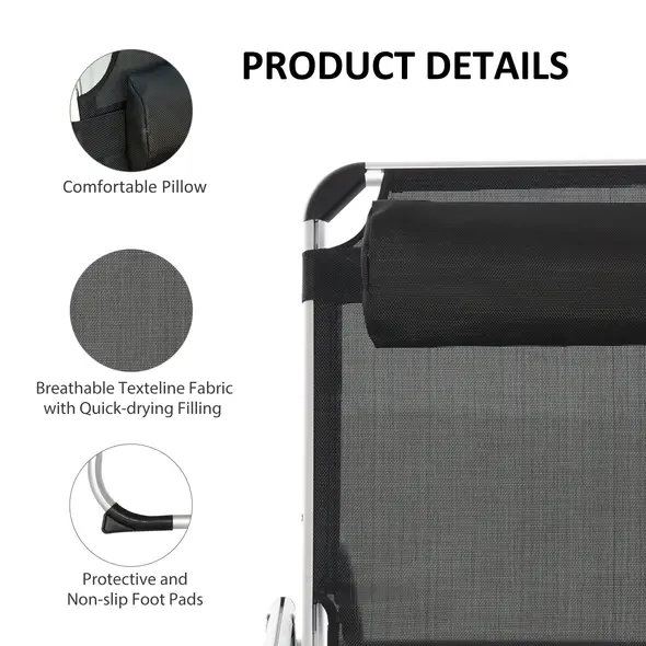 Outsunny Foldable Outdoor Sun Loungers Set of 2, Reclining Lounge Chair Camping Bed Cot with Pillow 4-Level Adjustable Back Aluminium Frame, Black - 4