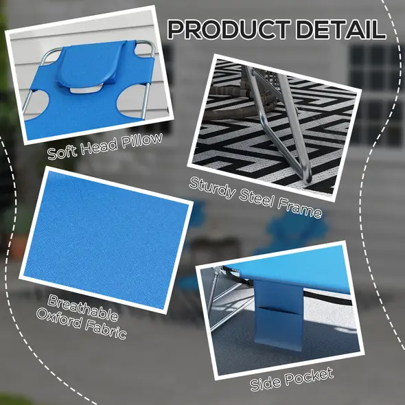 Outsunny Foldable Sun Lounger Set of 2 with Reading Hole, Portable Sun Lounger with 5 Level Adjustable Backrest, Reclining Lounge Chair with Side Pocket, Headrest Pillow, Blue - 7