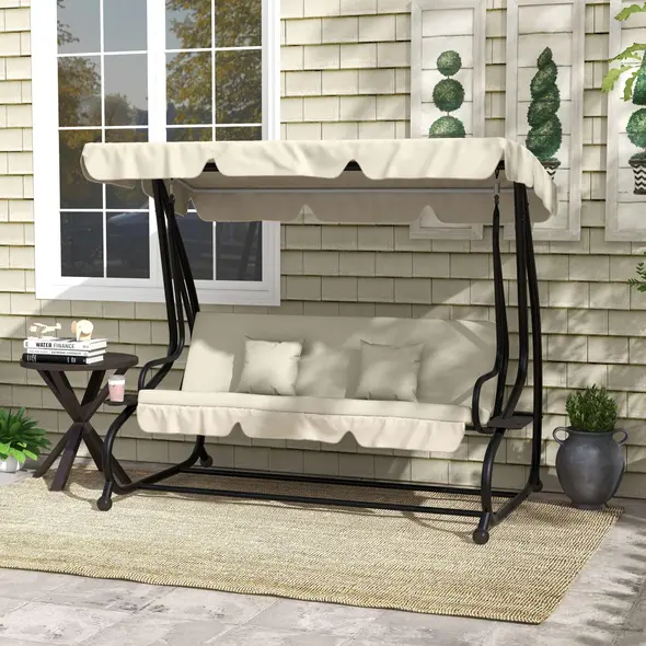 Outsunny Convertible Three-Seater Swing Chair Bed - Cream - 2