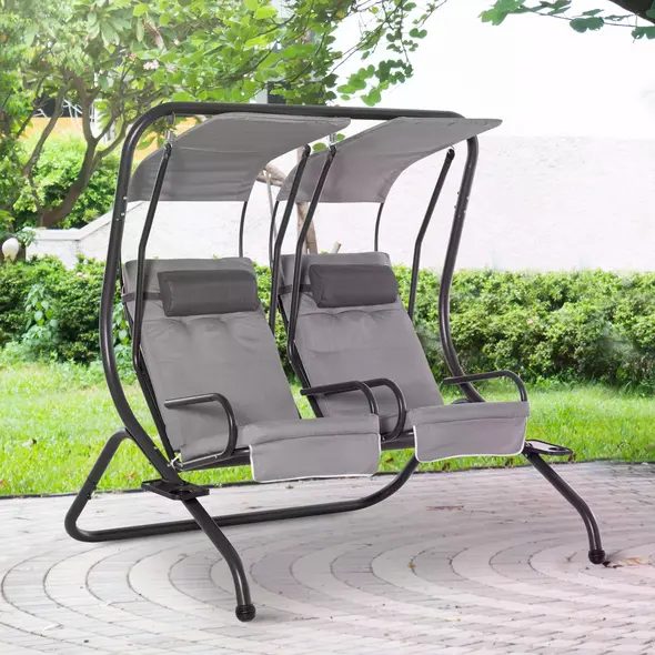 Outsunny Canopy Swing 2 Separate Relax Chairs w/ Handrails and Removable Canopy Grey - 2