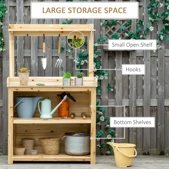 Outsunny Garden Potting Bench Table, Wooden Workstation Bench w/ Galvanized Metal Tabletop, Storage Shelves and Hooks, Natural - 5