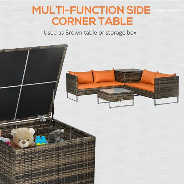 Outsunny Four-Piece Rattan Sofa Set, with Storage Table - Orange/Brown - 4