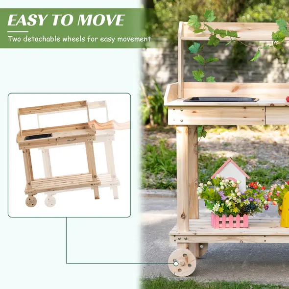 Outsunny Garden Potting Bench Table, Wooden Work Station, Outdoor Planting Workbench with 2 Wheels, Sink, Drawer & Large Storage Spaces, 92x45x119cm - 4