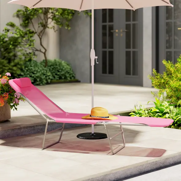 Outsunny Folding Sun Lounger with Head Pillow - Pink - 9