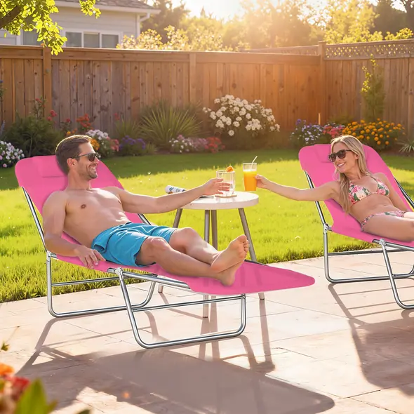 Outsunny Folding Sun Lounger with Head Pillow - Pink - 2