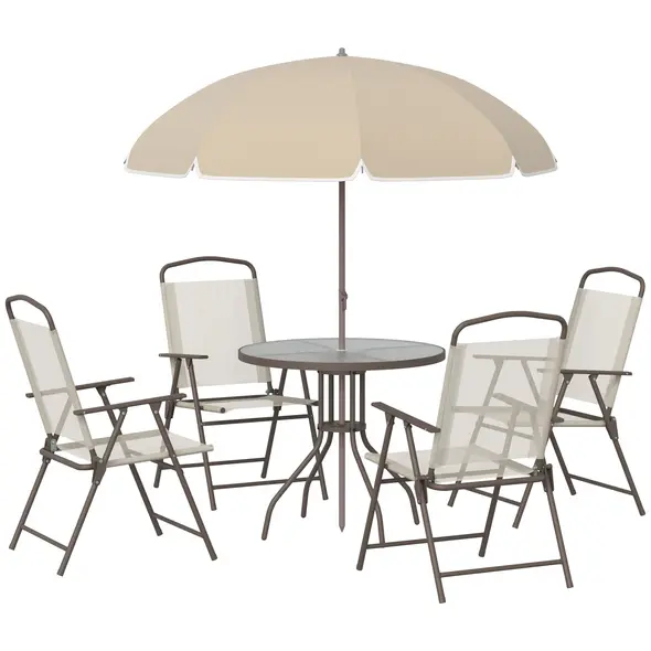 Outsunny Garden Patio Texteline Folding Chairs Plus Table and Parasol Furniture Bistro Set 6 Pieces - Coffee/Cream - 1